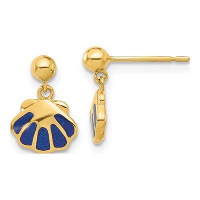 14K Yellow Gold Kids' Blue Enamel Shell Dangle Earrings