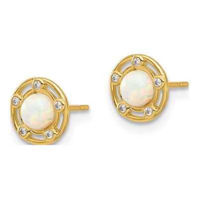 14K Yellow Gold Round Lab-Created Opal & CZ Button Stud Earrings – view 2