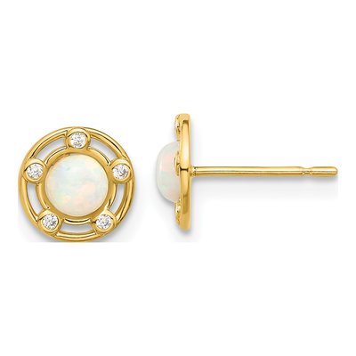14K Yellow Gold Round Lab-Created Opal & CZ Button Stud Earrings