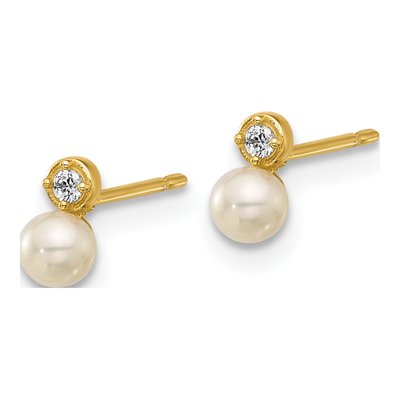 14K Yellow Gold Round Freshwater Cultured Pearl & CZ Stud Earrings – view 2
