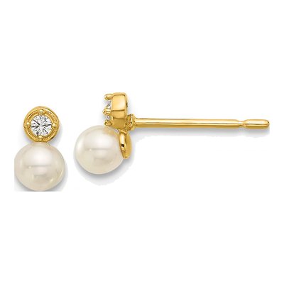 14K Yellow Gold Round Freshwater Cultured Pearl & CZ Stud Earrings