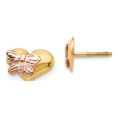 14K Yellow Gold Girls' Butterfly Heart Stud Earrings