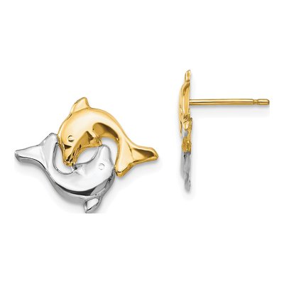 14K Yellow Gold Girls' Two Dolphins Stud Earrings