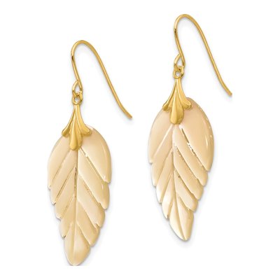 14K Yellow Gold Mother of Pearl Leaf Dangle Earrings – view 2