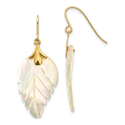14K Yellow Gold Mother of Pearl Leaf Dangle Earrings
