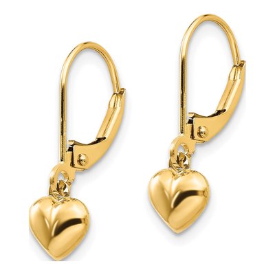 14K Yellow Gold Girls' Puffed Heart Leverback Earrings – view 3