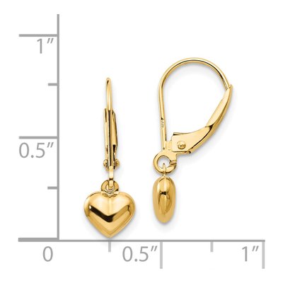 14K Yellow Gold Girls' Puffed Heart Leverback Earrings – view 5