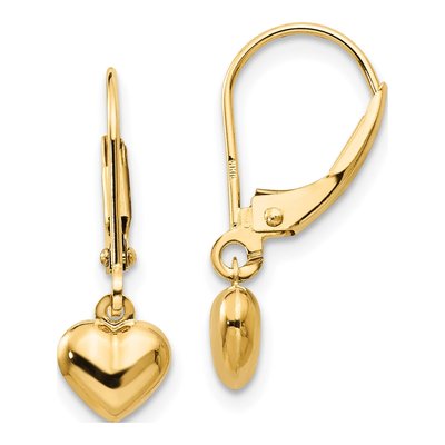 14K Yellow Gold Girls' Puffed Heart Leverback Earrings