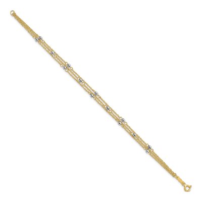 14K Two-Tone Gold 6mm Diamond-Cut Triple Strand Beaded Fancy Link Chain Bracelet – view 3
