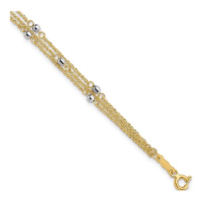 14K Two-Tone Gold 6mm Diamond-Cut Triple Strand Beaded Fancy Link Chain Bracelet