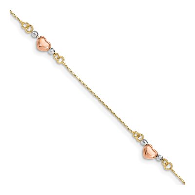 14K Tri-Color Gold Puffed Heart Bracelet