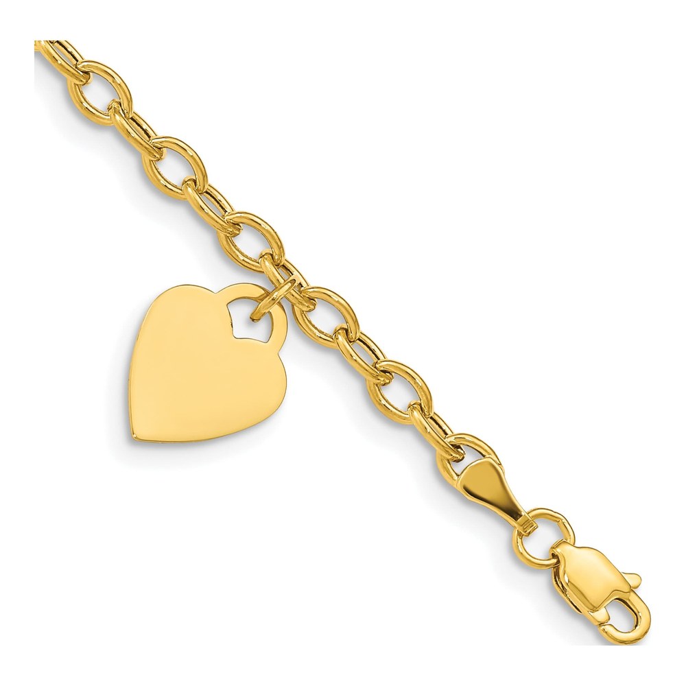 14K Yellow Gold Engravable 14x10mm Solid Dangle Heart Charm And Hollow Chain 7.5 Inch Bracelet with Lobster Clasp