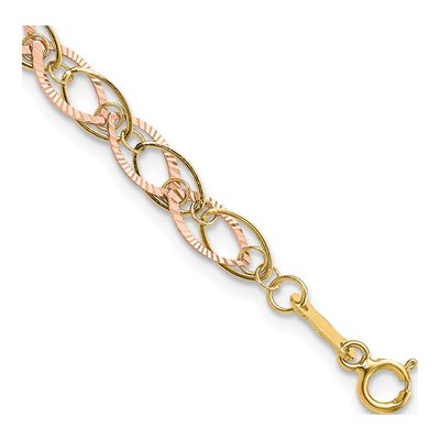 14K Two-Tone Gold 7mm Hollow Diamond-Cut Oval Link Chain Bracelet