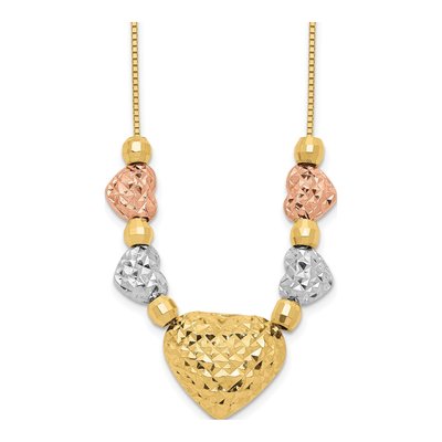 14K Tri-Color Gold Puff Flat Hearts Necklace