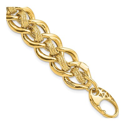 14K Yellow Gold 15mm Handmade Hollow Fancy Link Chain Bracelet