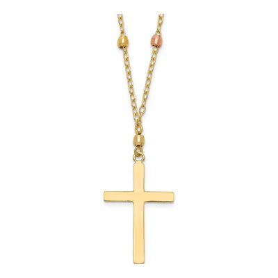 14K Tri-Color Gold Mirror Beaded Cross Necklace