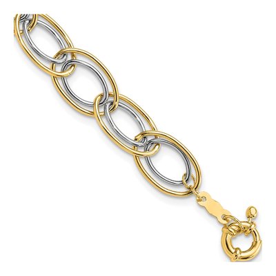 14K Two-Tone Gold 11mm Hollow Fancy Oval Link Chain Bracelet
