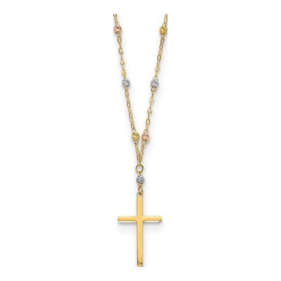 14K Tri-Color Gold Beaded Cross Necklace