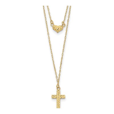 14K Yellow Gold Cross Heart 2-Strand Necklace