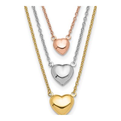 14K Tri-Color Gold Three Hearts Layered Necklace