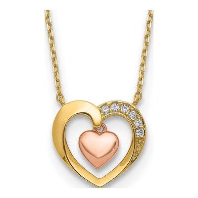 14K Two-Tone Gold CZ Heart-In-Heart Pendant Necklace