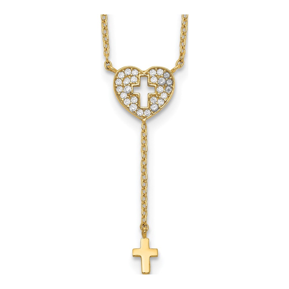 14K Yellow Gold Heart With Cross Cz Necklace