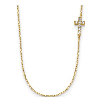 14K Yellow Gold CZ Sideways Cross Necklace