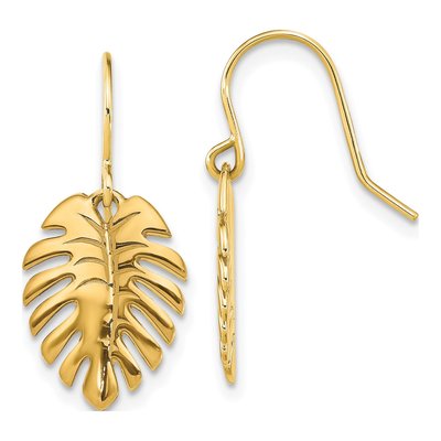14K Yellow Gold Palm Leaf Dangle Earrings
