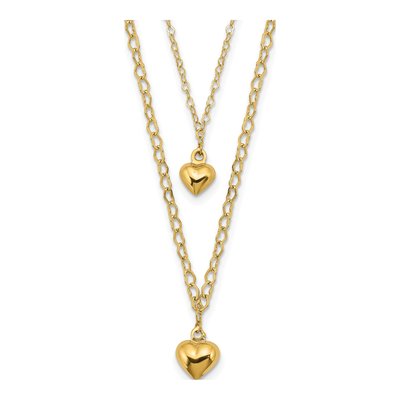 14K Yellow Gold Double Layer Puffed Heart Necklace