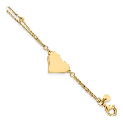 14K Yellow Gold 3mm Diamond-Cut Heart Beaded 2-Strand Fancy Link Chain Bracelet
