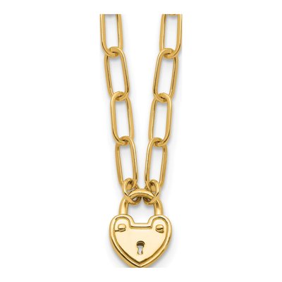 14K Yellow Gold Heart Lock Paperclip Pendant Necklace
