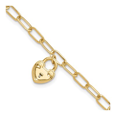 14K Yellow Gold Heart Lock Paperclip Bracelet