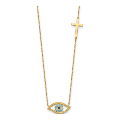14K Yellow Gold CZ Evil Eye Cross Pendant Necklace