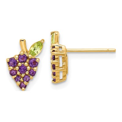 14K Yellow Gold Round Amethyst & Peridot Grapes Stud Earrings