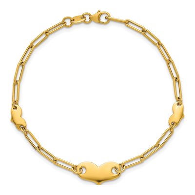 14K Yellow Gold Paperclip Three Hearts Bracelet – view 5