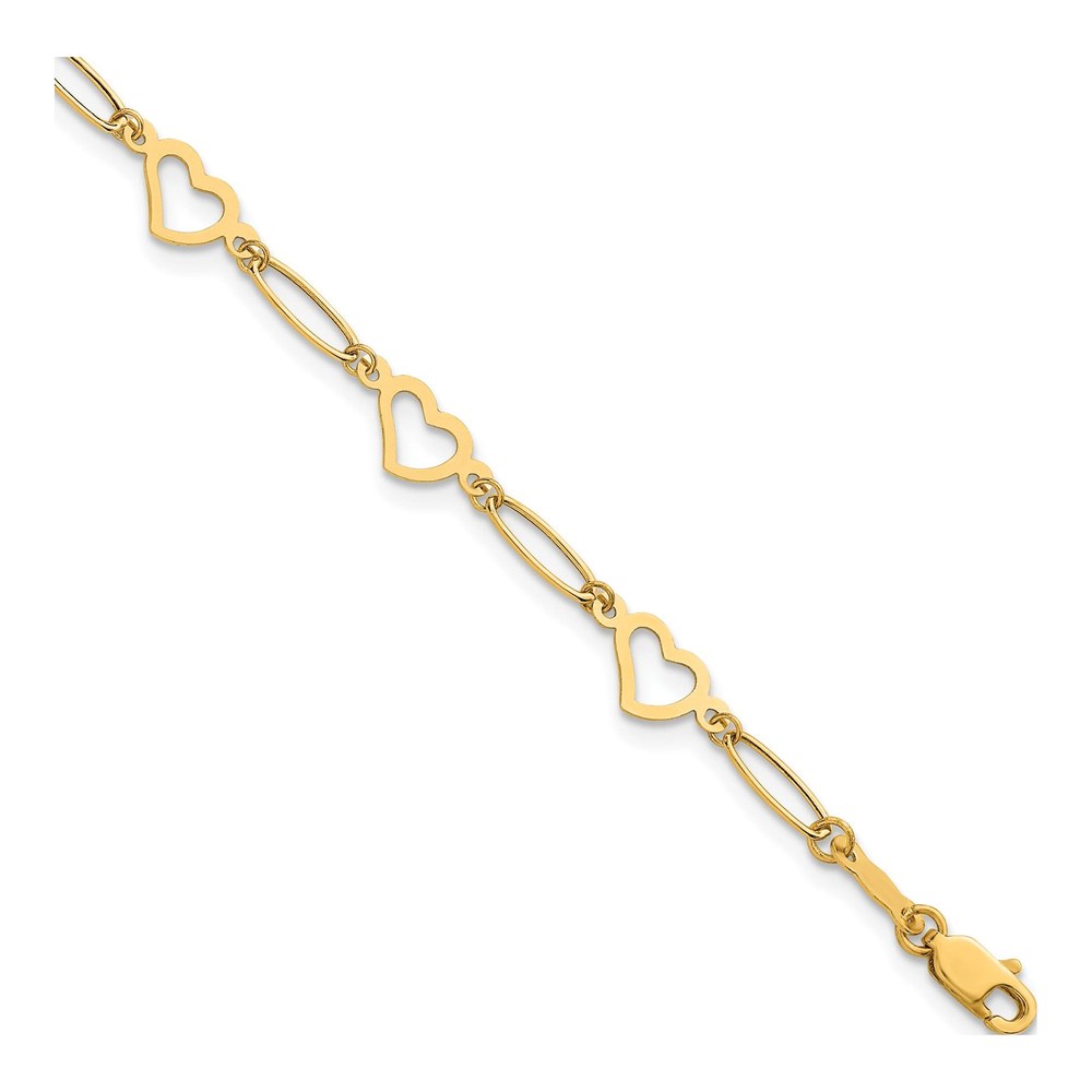 14K Polished Oval Links And Open Hearts 7.5 Inch Bracelet with Lobster Clasp