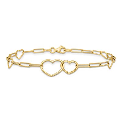 14K Yellow Gold Double Hearts Paper Clip Bracelet – view 4