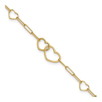 14K Yellow Gold Double Hearts Paper Clip Bracelet
