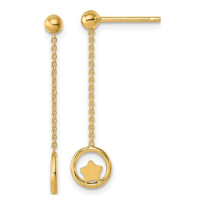 14K Yellow Gold Star Circle Dangle Earrings