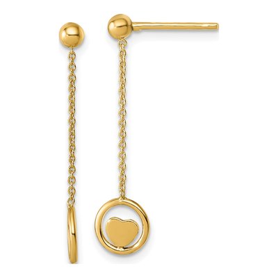 14K Yellow Gold Heart Circle Dangle Earrings