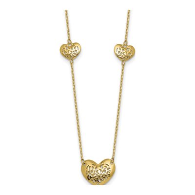 14K Yellow Gold Filigree Puffed Heart Necklace