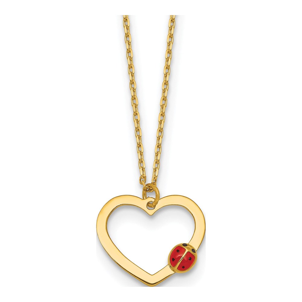 14K 16.25 Inch Polished Heart With Red And Black Enamel Ladybug 15.5 Inch Childrens Necklace Plus 0.75 Inch Extender with Spring Ring Clasp