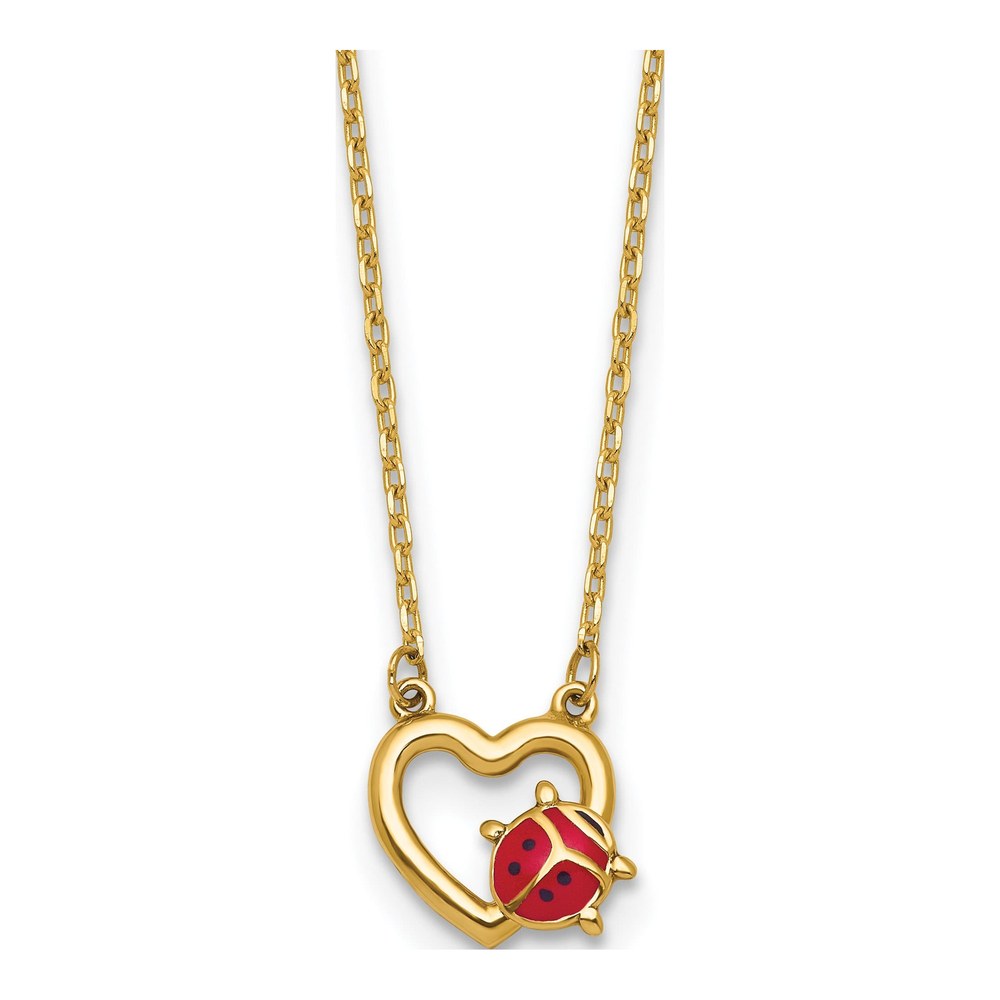 14K Yellow Gold Polished Red And Black Enameled Ladybug On Heart 17 Inch Necklace with Spring Ring Clasp
