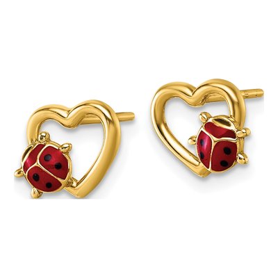 14K Yellow Gold Red Black Enamel Ladybug Heart Stud Earrings – view 3