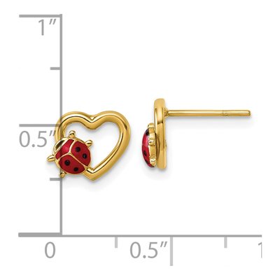 14K Yellow Gold Red Black Enamel Ladybug Heart Stud Earrings – view 4