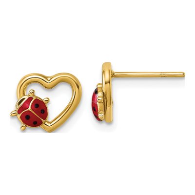 14K Yellow Gold Red Black Enamel Ladybug Heart Stud Earrings