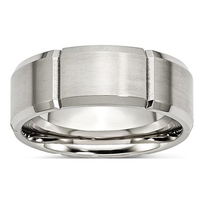 Stainless Steel 8mm Grooved Beveled Wedding Band