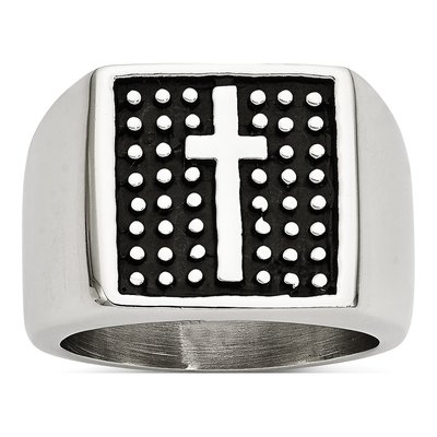 Men's Stainless Steel Antiqued Cross Signet Ring