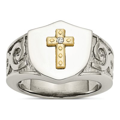 Men's Stainless Steel & 14K Gold Diamond Cross Ring
