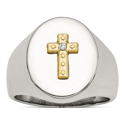 Men's Stainless Steel & 14K Gold Diamond Cross Ring